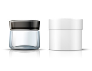 Vector 3d realistic transparent glass jar for moisturizing cream with white round paper box, isolated on white background with reflection. Mock-up for product package branding.