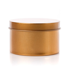 Simple round gold gift box isolated. Side view.