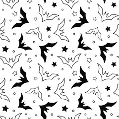 Vector seamless halloween pattern with bats. Black and white vector halloween design for greeting card, girt box, fabric, textile, wallpaper, web design.