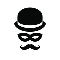 Unknown person sign. Anonymous man with moustaches in bowler hat and black mask. Graphic icon isolated on white background. Vector illustration