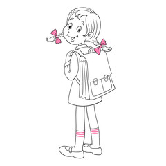Little cute girl with a big school backpack.  Black and white picture with pink accent. In cartoon style. Isolated on white background. For coloring book.