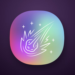 Comet app icon. Falling star. Meteor, asteroid. Bright celestial object. Fireball. Atmospheric meteorite. Star shape. UI/UX user interface. Web or mobile application. Vector isolated illustration