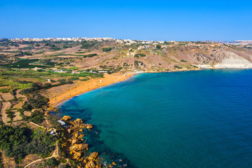 Ramla bay. Gozo island. Aerial view from Tal-Mixta Cave. Malta island