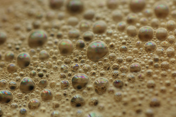 close up of hot espresso, black coffee or chocolate with bubble, shallow depth of field