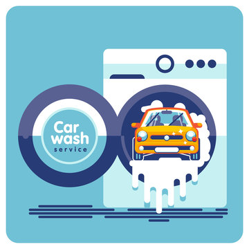 An orange car drives out of a white drum-type washing machine. Contactless automatic car wash.