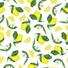 Seamless pattern with yellow fresh lemon branches and white flowers on white background. Hand drawn watercolor illustration.