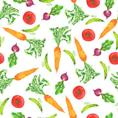 Seamless pattern with fresh carrot, beetroot, tomato and green pees on white background. Hand drawn watercolor illustration.