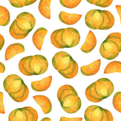 Seamless pattern with fresh orange pumpkin on white background. Hand drawn watercolor illustration.
