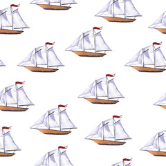 Seamless pattern with sail boats on white background. Hand drawn watercolor illustration.