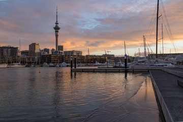 Auckland, New Zealand, November, 26, 2014; A sunset view of Auckland skyline at dusk from the Wynard Quarter.