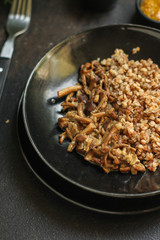 buckwheat porridge with mushrooms. food background. top view. copy space