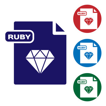 Blue RUBY file document. Download ruby button icon isolated on white background. RUBY file symbol. Set color icons in circle buttons. Vector Illustration