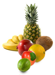 Close-up image of tropical fruits. Pineapple bananas coconut and others.