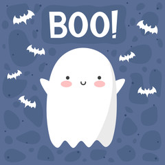 Halloween ghost pattern background, Holidays cute ghost cartoon character, halloween cute icon logo, vector illustration