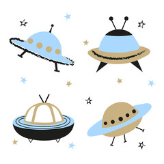 Cartoon UFO set. Vector spaceships illustration for kids.