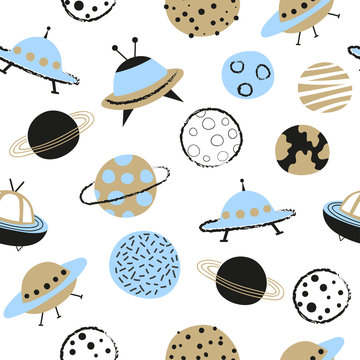 Seamless space pattern for kids with cartoon planets and UFO.