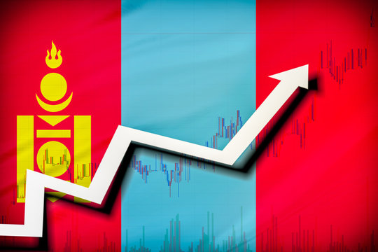 White arrow and stocks chart growth up on the background of the flag of Mongolia