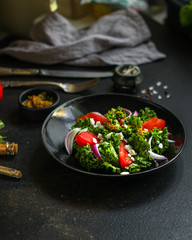Healthy salad, tomato, lettuce leaf salad (mix micro greens, juicy snack) leaves mix. food background