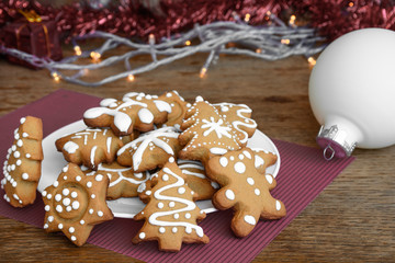 New Year's party ideas for kids. Christmas snack, cookies in shape of trees. Christmas homemade ginger cookies