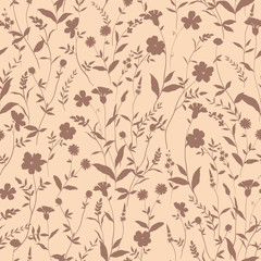 vector seamless minimalistic floral silhouettes pattern. Romantic delicate background design with wild flowers. 