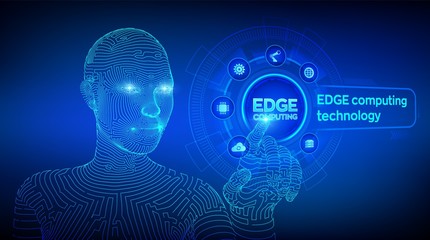 Edge computing modern IT technology on virtual screen concept. Edge computing industry 4.0 concept. Internet of things. Wireframed cyborg hand touching digital interface. Vector illustration.