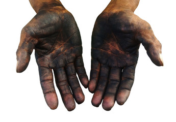 isolated dirty hand of worker after work hard for a long time on white background