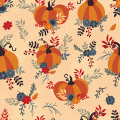 Obraz na płótnie Canvas Seamless pattern for thanksgiving celebration. Vector of hand drawn illustration with ripe pumpkin and floral.