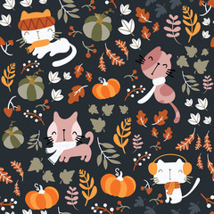 Seamless pattern of autumn theme. Vector of hand drawn illustration with cute cats wearing scarf, playing on pumpkin patch. Dark/ night background.