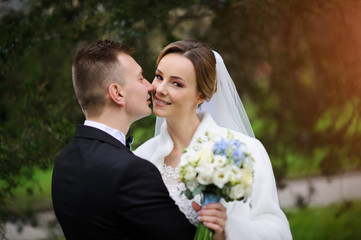 Young wedding couple enjoying romantic moments