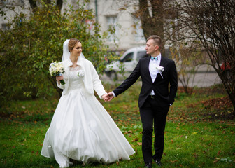 Young wedding couple enjoying romantic moments