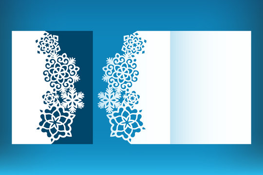 Laser cut Christmas card template with snowflakes. Invitation for Christmas party or greeting card. Image suitable for laser cutting, plotter cutting or printing.