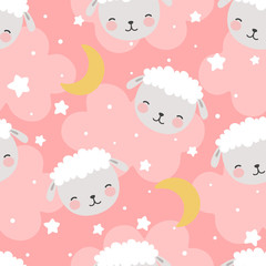 Naklejka premium Sheep Seamless Pattern with clouds and stars, Cute Cartoon Animal Background, Illustration Vector
