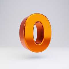 3d number 0. Hot orange metallic font with glossy reflections and shadow isolated on white background.