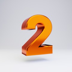 3d number 2. Hot orange metallic font with glossy reflections and shadow isolated on white background.