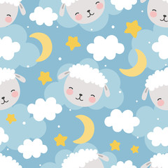 Sheep Seamless Pattern with clouds and stars, Cute Cartoon Animal Background, Illustration Vector