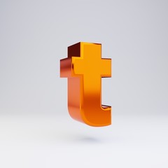 Obraz premium 3d letter T lowercase. Hot orange metallic font with glossy reflections and shadow isolated on white background.