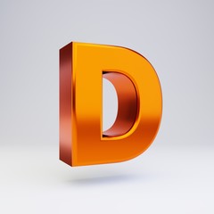 3d letter D uppercase. Hot orange metallic font with glossy reflections and shadow isolated on white background.