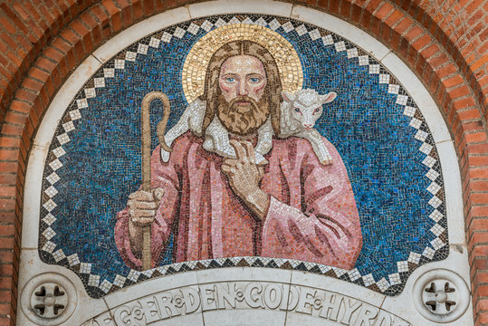 the good shepherd, a mosaic in the portal of a danish church