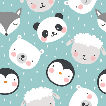 panda bear fox tiger sheep and penguin seamless pattern background, vector illustration, animal cartoon pattern