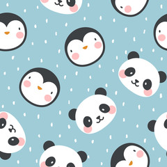 panda bear fox tiger sheep and penguin seamless pattern background, vector illustration, animal cartoon pattern © Gabriel Onat
