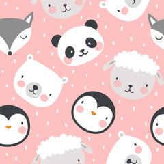 panda bear fox tiger sheep and penguin seamless pattern background, vector illustration, animal cartoon pattern