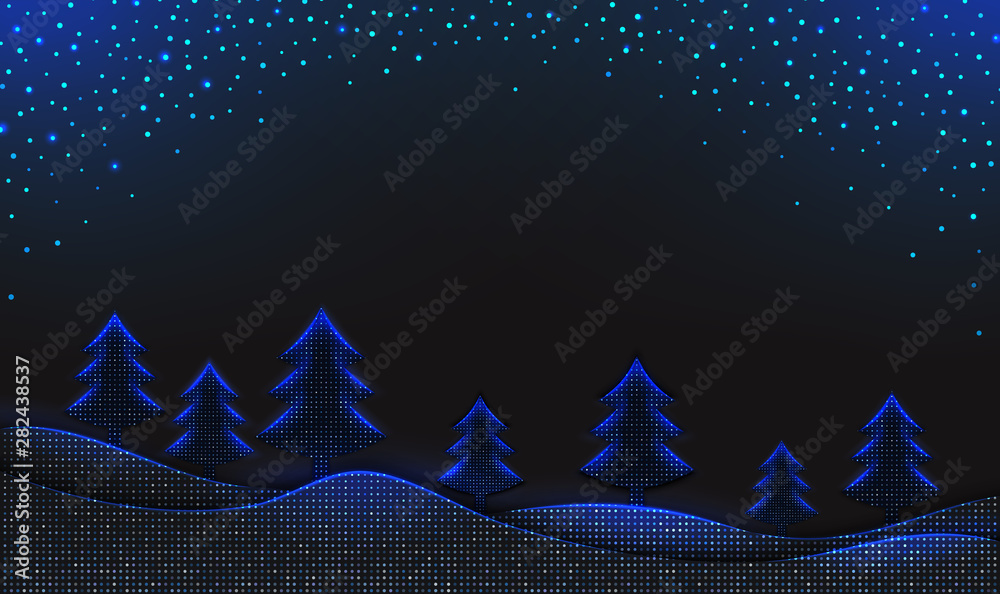 Wall mural chritmas blue winter background with halftone pattern, falling snow and trees. design element for ne