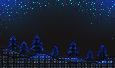 Chritmas blue winter background with halftone pattern, falling snow and trees. Design element for New year holiday banner, poster, greeting card template.