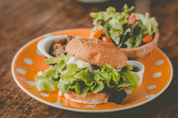 Home-made burger made of tofu and  onion with teriyaki sauce. with small pan fried shredded potato and small salad