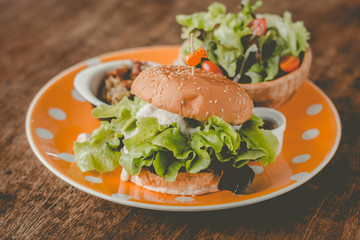 Home-made burger made of tofu and  onion with teriyaki sauce. with small pan fried shredded potato and small salad