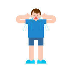 Boy crying and plugged his ears. Baby is offended