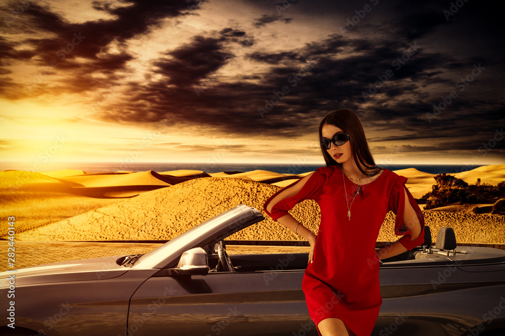 Wall mural slim young woman and summer car