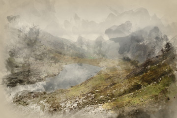 Digital watercolour painting of Landscape image of Llyn Idwal in Glyders mountain range in Snowdonia during heavy rainfall in Autumn