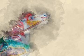 Digital watercolour painting of Beautiful nostalgic colorful vintage carousel merry-go-round horse ride © veneratio