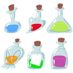 Potion vial bottle vector cartoon set isolated on a white background.